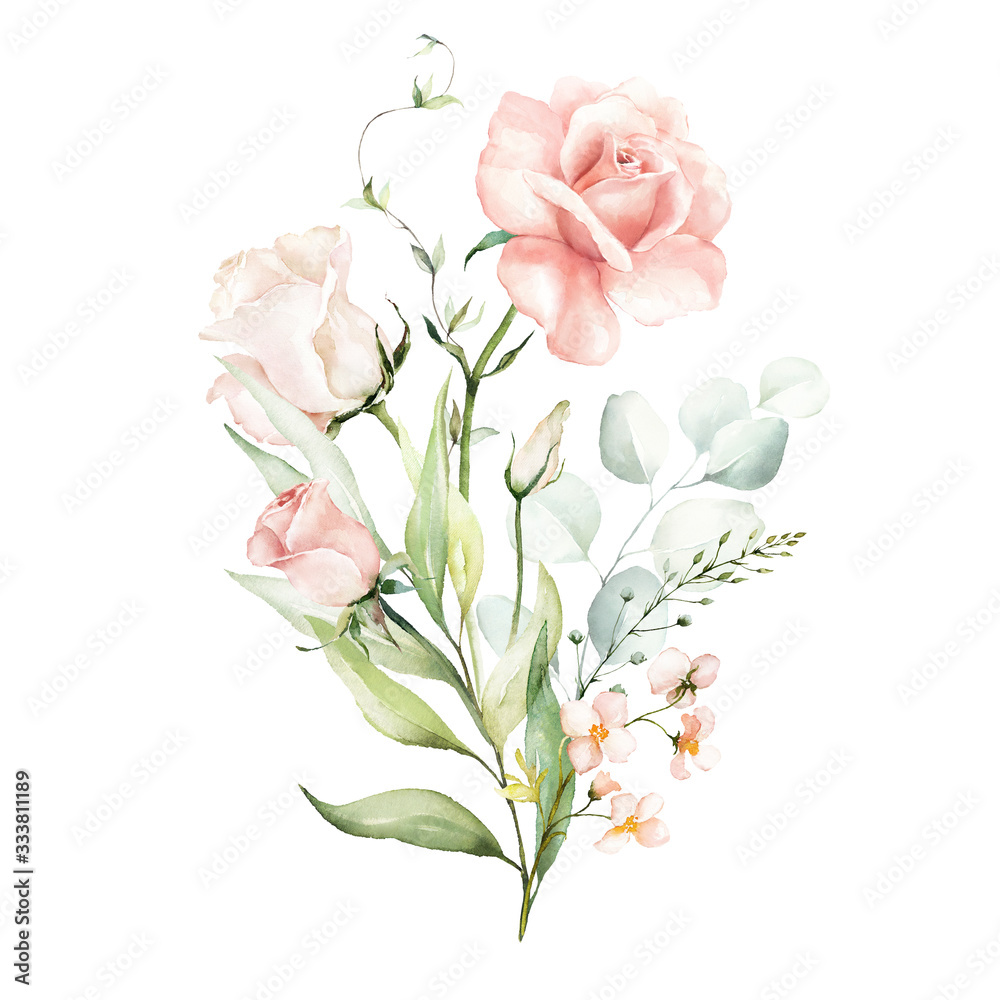 Watercolor floral bouquet - illustration with bright pink vivid flowers, green leaves, for wedding stationary, greetings, wallpapers, fashion, backgrounds, textures, DIY, wrappers, cards.