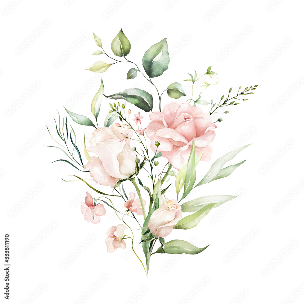Watercolor floral bouquet - illustration with bright pink vivid flowers, green leaves, for wedding stationary, greetings, wallpapers, fashion, backgrounds, textures, DIY, wrappers, cards.