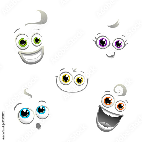 Vector set of happy, surprised or excited cartoon faces with bright green, purple, orange, blue or yellow eyes. Isolated on white.