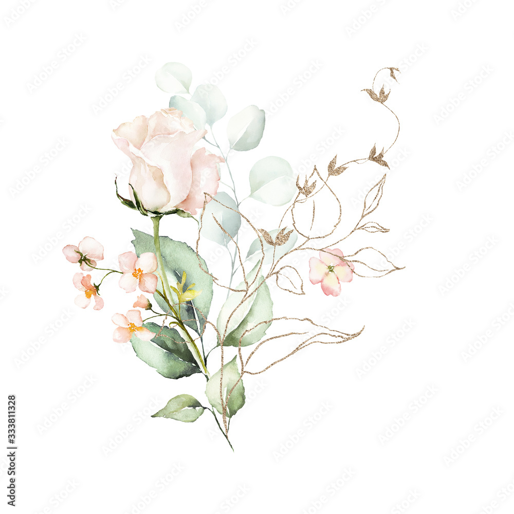 Watercolor floral bouquet - illustration with bright pink vivid flowers, gold elements, green leaves, for wedding stationary, greetings, wallpapers, fashion, backgrounds, textures, wrappers, cards.