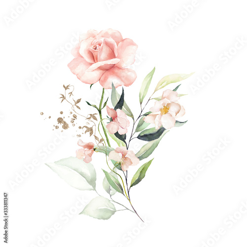 Fototapeta Naklejka Na Ścianę i Meble -  Watercolor floral bouquet - illustration with bright pink vivid flowers, gold elements, green leaves, for wedding stationary, greetings, wallpapers, fashion, backgrounds, textures, wrappers, cards.