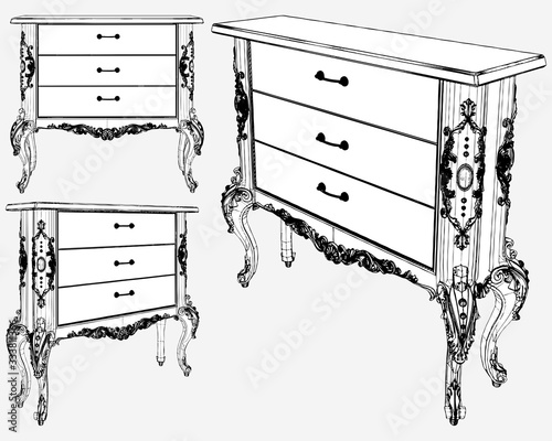 Antique Commode Vector. Illustration Isolated On White Background. A Vector Illustration Of Drawer Locker.