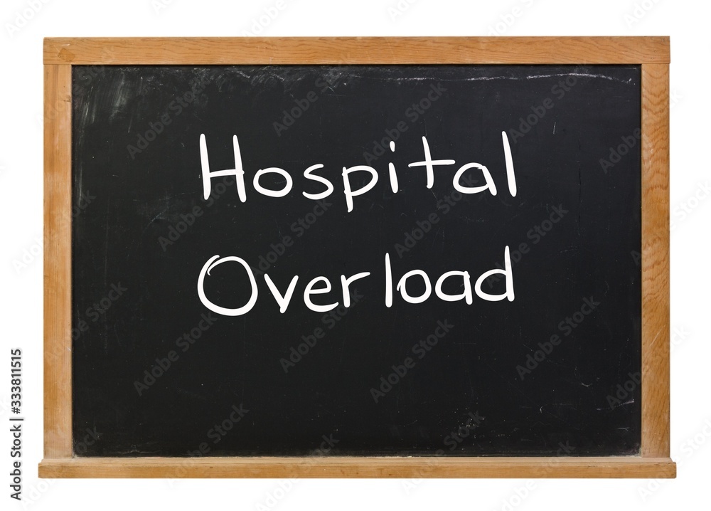 Hospital Overload written in white chalk on a black chalkboard isolated on white Hospital Overload written in white chalk on a black chalkboard isolated on white