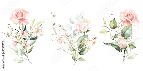Watercolor floral illustration set - flower and green gold leaf branches bouquets collection  for wedding stationary  greetings  wallpapers  fashion  background. Eucalyptus  olive  green leaves  etc.