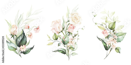 Watercolor floral illustration set - flower and green leaf branches bouquets collection  for wedding stationary  greetings  wallpapers  fashion  background. Eucalyptus  olive  green leaves  etc.