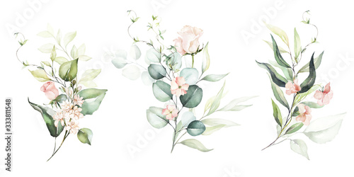 Watercolor floral illustration set - flower and green leaf branches bouquets collection, for wedding stationary, greetings, wallpapers, fashion, background. Eucalyptus, olive, green leaves, etc.