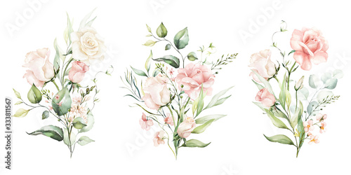 Watercolor floral illustration set - flower and green leaf branches bouquets collection, for wedding stationary, greetings, wallpapers, fashion, background. Eucalyptus, olive, green leaves, etc.