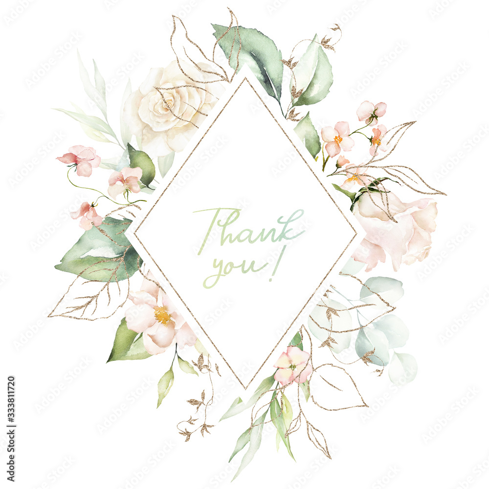 Watercolor floral frame / wreath - flowers, leaves and branches with gold geometric shape, for wedding invites, wallpapers, fashion, background. Eucalyptus, pink roses, green leaves, gold elements.