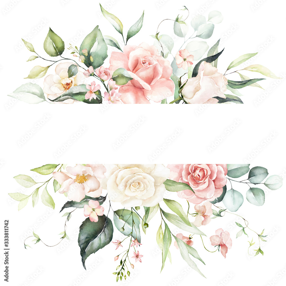 Watercolor floral frame / border - flowers and green leaves, for wedding stationary, greetings, wallpapers, fashion, background. Eucalyptus, olive, green leaves, etc.