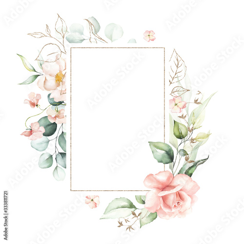 Fototapeta Naklejka Na Ścianę i Meble -  Watercolor floral frame / wreath - flowers, leaves and branches with gold geometric shape, for wedding invites, wallpapers, fashion, background. Eucalyptus, pink roses, green leaves, gold elements.