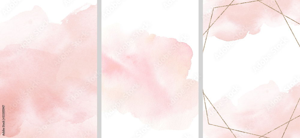 Watercolor abstract illustration set - collection of pink textures, border, gold geometric wreath, for wedding, greetings, wallpaper, fashion, posters, background. Eucalyptus, olive, leaves, rose. - obrazy, fototapety, plakaty 
