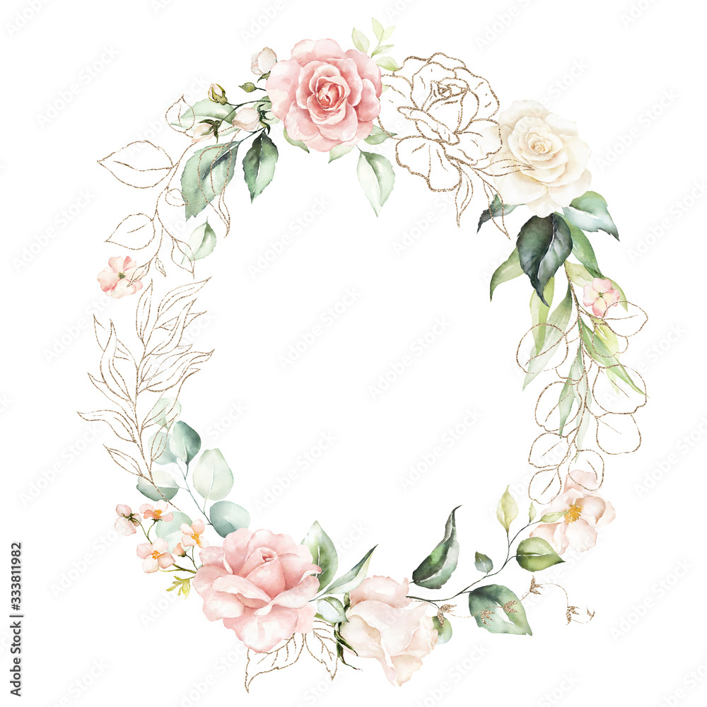 Watercolor floral wreath / frame with green leaves, pink peach blush ...