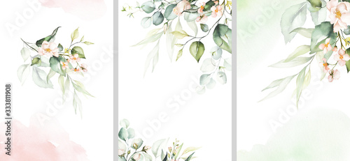 Watercolor floral illustration set - collection of green pink frame, border, bouquet, for wedding stationary, greetings, wallpaper, fashion, posters, background. Eucalyptus, olive, green leaves, rose. © Veris Studio