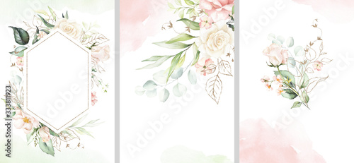 Watercolor floral illustration set - collection of gold green pink frame  border  bouquet  wreath  for wedding  greetings  wallpaper  fashion  posters  background. Eucalyptus  olive  leaves  rose.