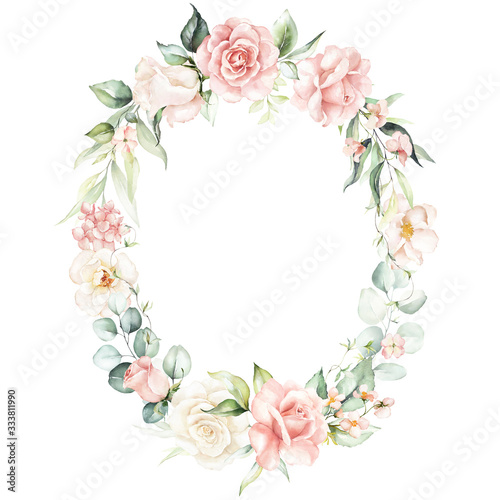 Watercolor floral wreath / frame with green leaves, pink peach blush flowers and branches, for wedding stationary, greetings, wallpapers, fashion, background. Eucalyptus, olive, green leaves, rose.