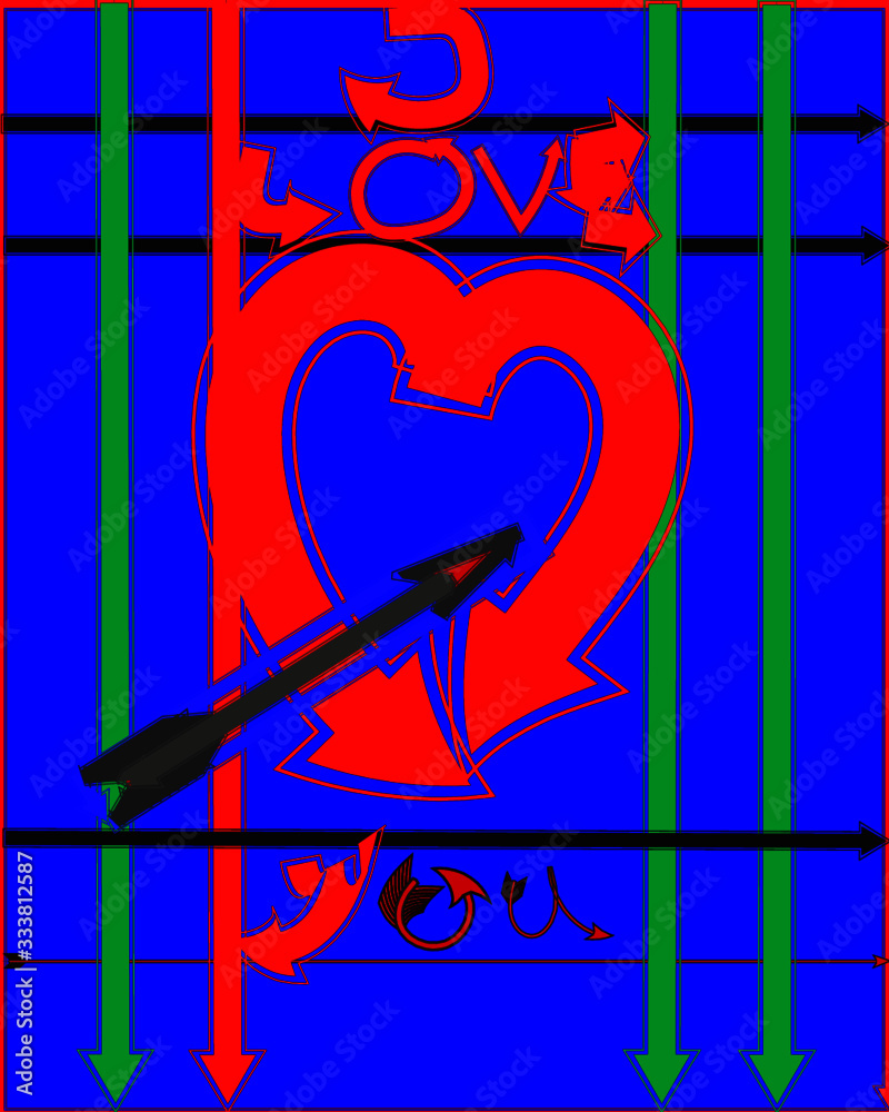 Abstrakte Kunst Herz rot im Rahmen und Text I LOVE YOU mit Pfeilen designt, auf blauem Hintergrund