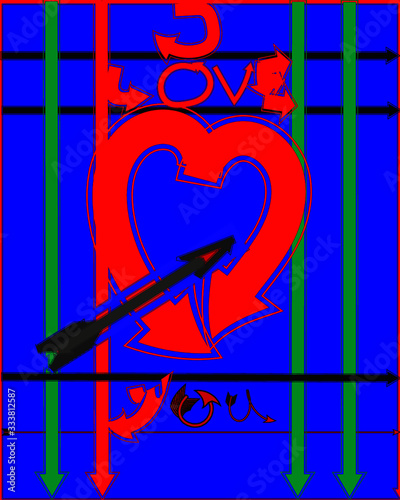 Abstrakte Kunst Herz rot im Rahmen und Text I LOVE YOU mit Pfeilen designt, auf blauem Hintergrund