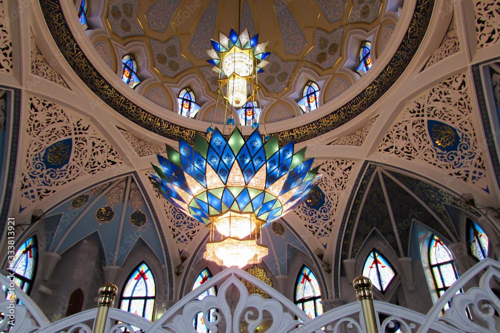 kul scarf mosque inside. Beautiful large chandelier