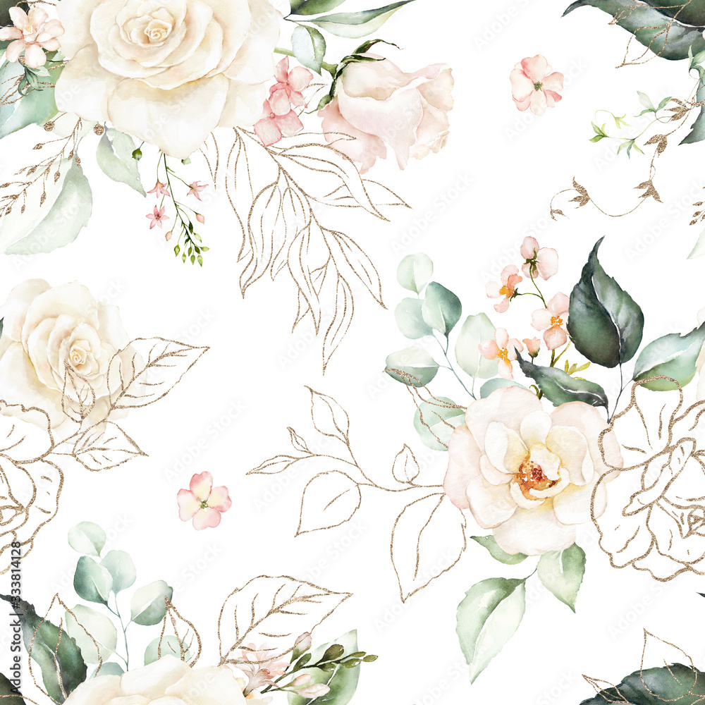 Fototapeta Seamless watercolor floral pattern - pink flowers, gold elements, green leaves & branches on white background; for wrappers, wallpapers, postcards, greeting cards, wedding invites, romantic events.
