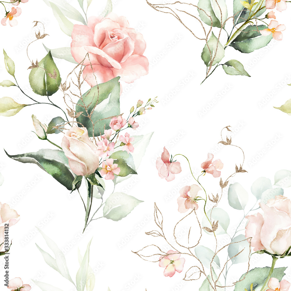 Seamless watercolor floral pattern - pink flowers, gold elements, green leaves & branches on white background; for wrappers, wallpapers, postcards, greeting cards, wedding invites, romantic events.