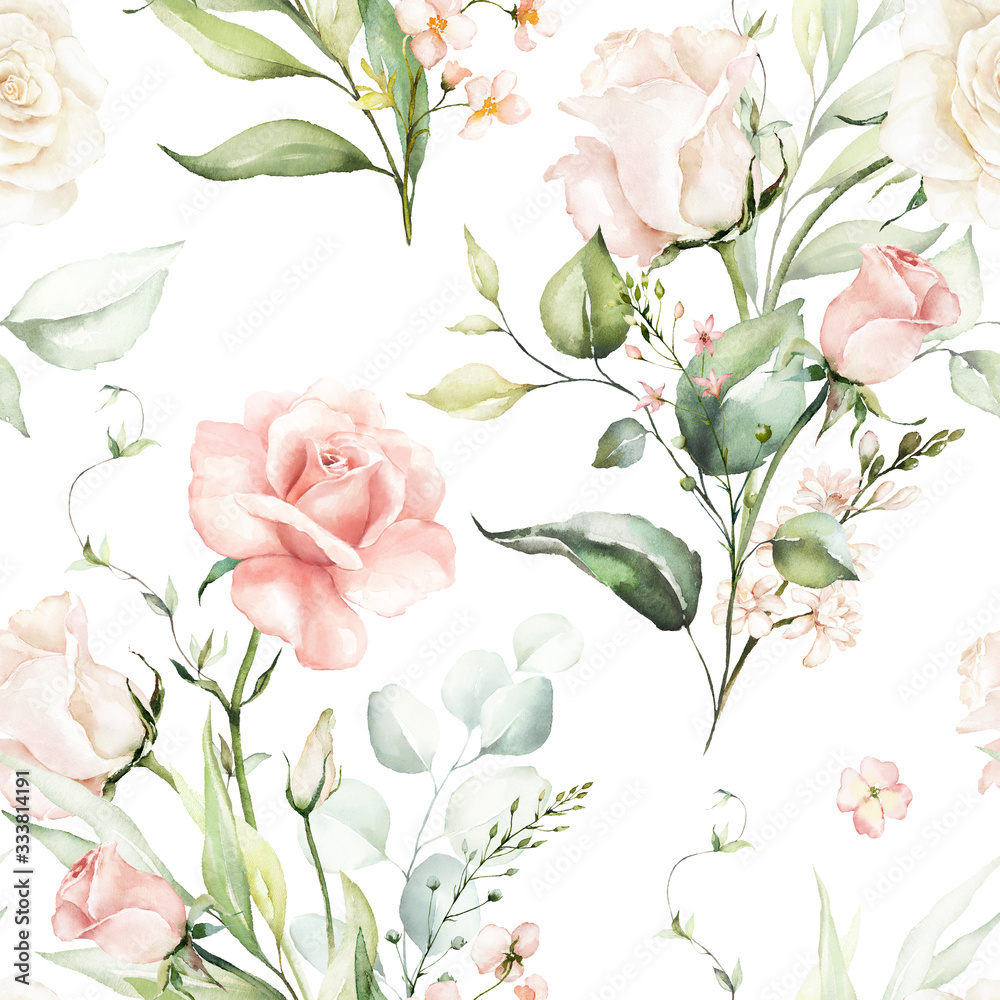 Seamless watercolor floral pattern - pink flowers, green leaves