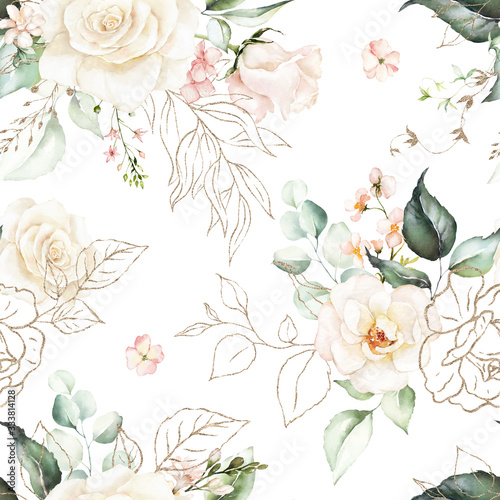 Fototapet Seamless watercolor floral pattern - pink flowers, gold elements, green leaves & branches on white background; for wrappers, wallpapers, postcards, greeting cards, wedding invites, romantic events