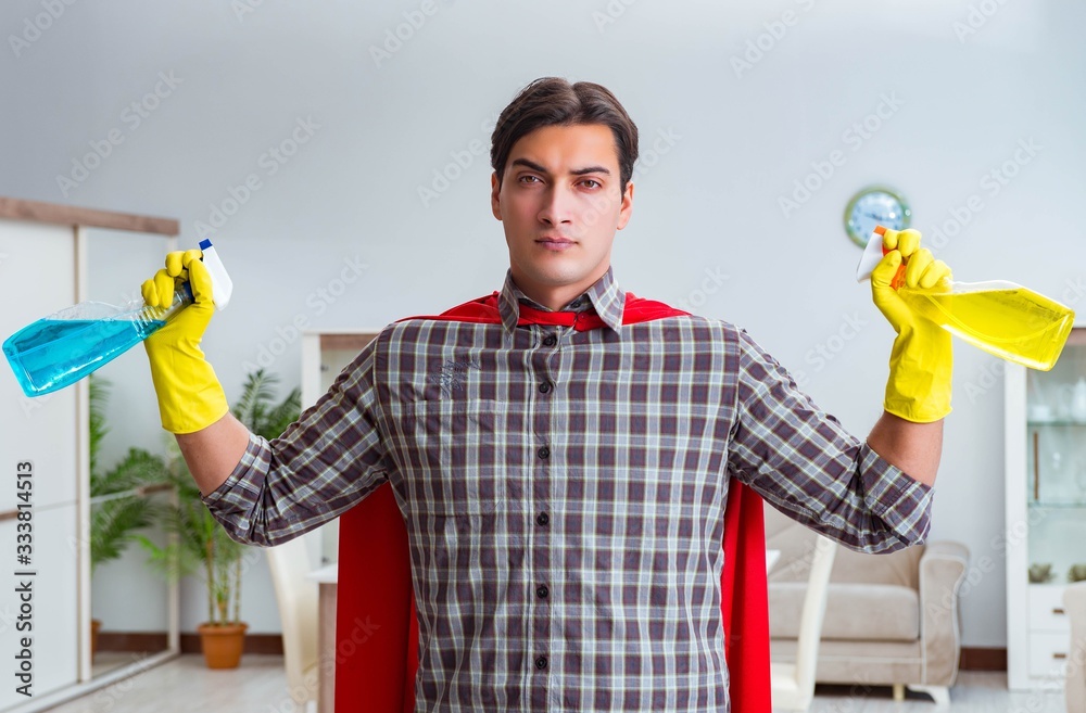 Super hero cleaner working at home Super hero cleaner working at home