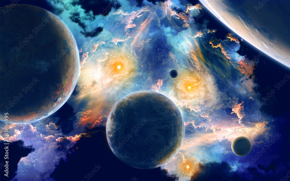 3d render illustration of planets in powerful bright nebula galaxy
