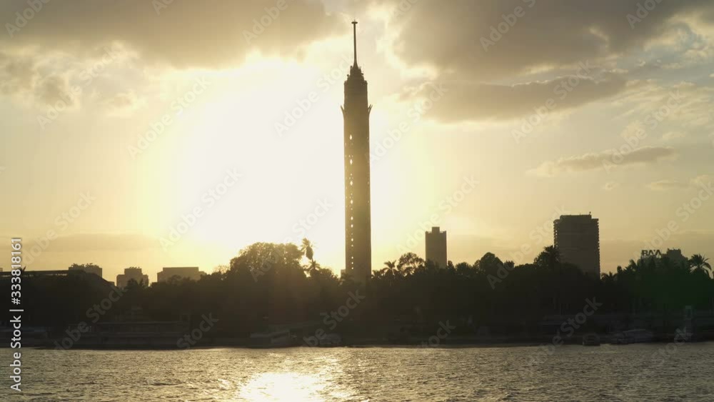 Cairo tower and river Nile, silhouette sunset in Cairo Cairo tower and river Nile, silhouette sunset in Cairo