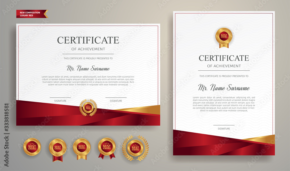 Red and gold certificate of achievement template with gold badge and ...