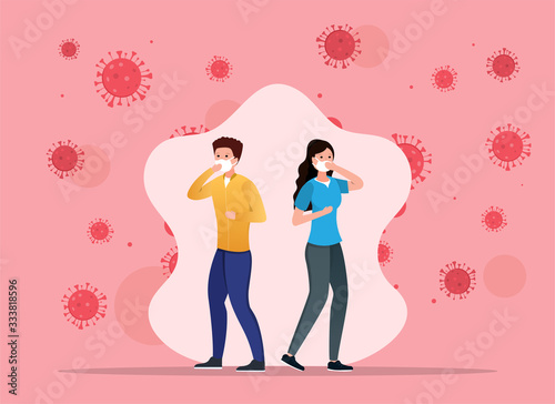 Illustration of man and woman wearing face masks in Coronavirus concept. Vector illustration