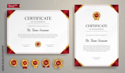 Red and gold certificate of achievement template with gold badge and border