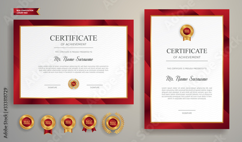 Red and gold certificate of achievement template with gold badge and border