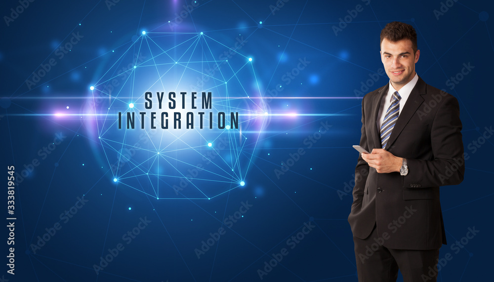 Businessman thinking about security solutions with SYSTEM INTEGRATION inscription Businessman thinking about security solutions with SYSTEM INTEGRATION inscription