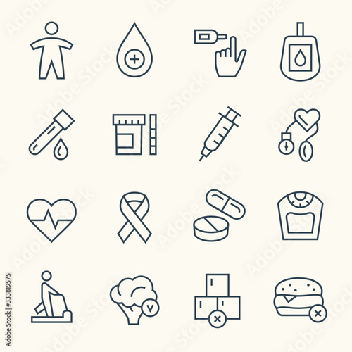  Diabetes line vector icon set