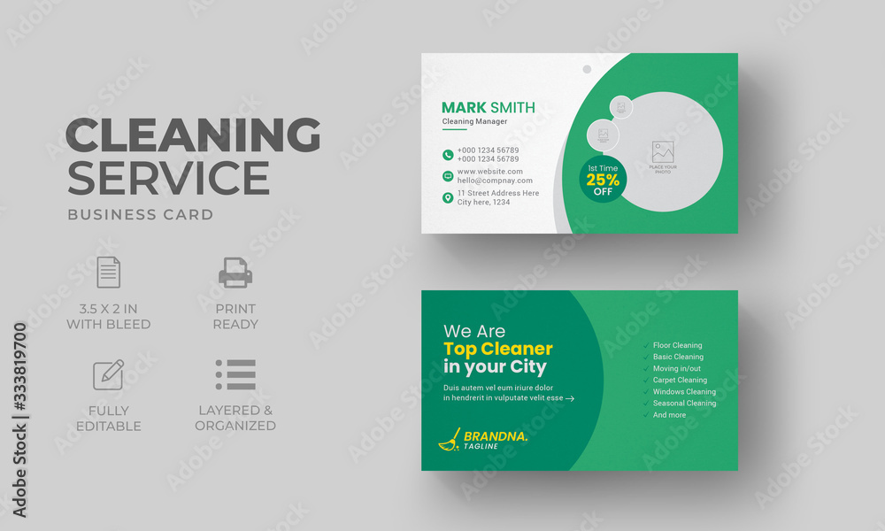Cleaning Service Business Card Template with green elements
