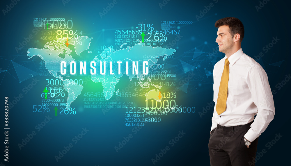 Businessman in front of a decision with CONSULTING inscription, business concept Businessman in front of a decision with CONSULTING inscription, business concept
