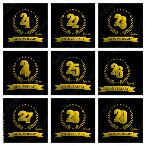 21, 22, 23, 24, 25, 26, 27, 28, 29 anniversary template design golden color with ribbon and ring memorial celebration event photo