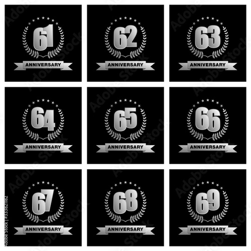 61, 62, 63, 64, 65, 66, 67, 68, 69 anniversary template design silver color with ribbon and ring memorial celebration event photo