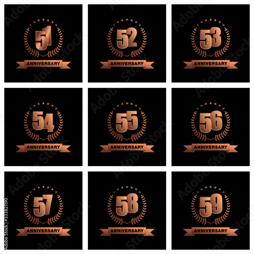 51, 52, 53, 54, 55, 56, 57, 58, 59 anniversary template design golden color with ribbon and ring memorial celebration event photo