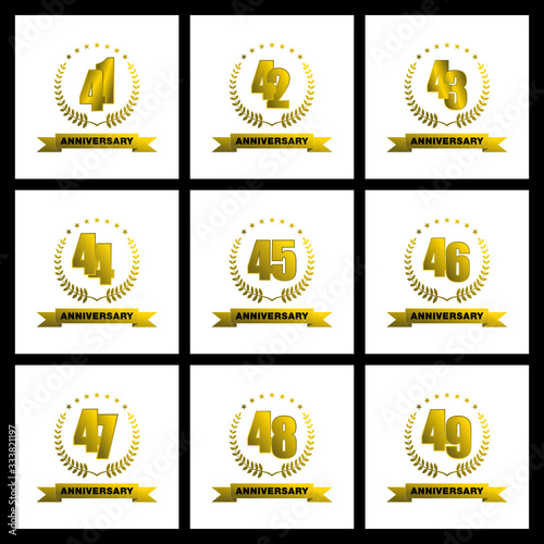 41, 42, 43, 44, 45, 46, 47, 48, 49 anniversary template design golden color with ribbon and ring memorial celebration event  photo