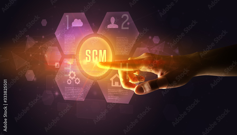 Hand touching SCM inscription, new technology concept Hand touching SCM inscription, new technology concept