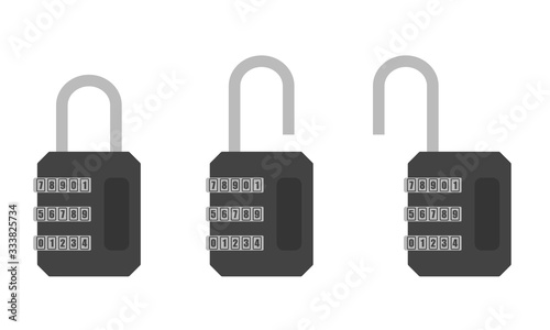 locks with a digital code password in open and closed position in gray colors on a white background. Isolated vector