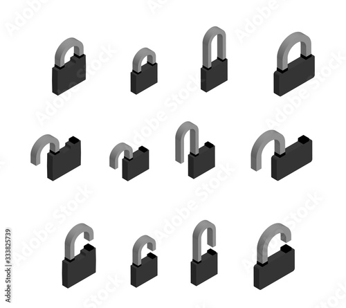 set of locks in open and closed position in isometric on a white background. Isolated vector