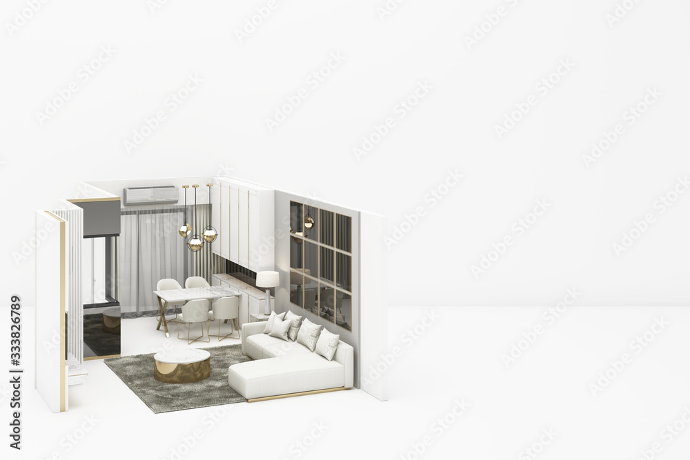 Interior living modern classic style mock up with white furniture on white background 3D rendering