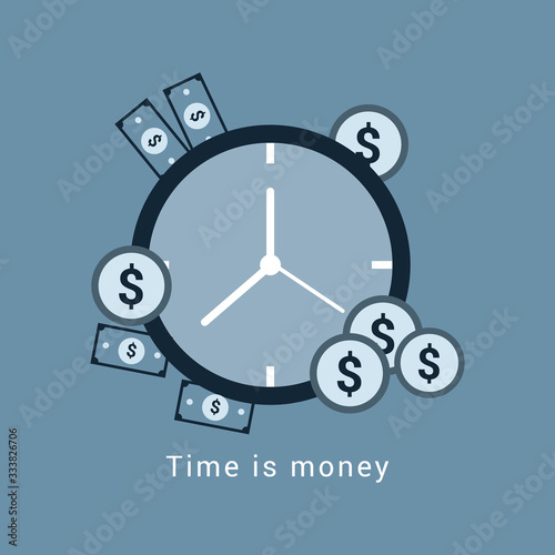 Flat design Clock with Dollar and coins Time is Money concept