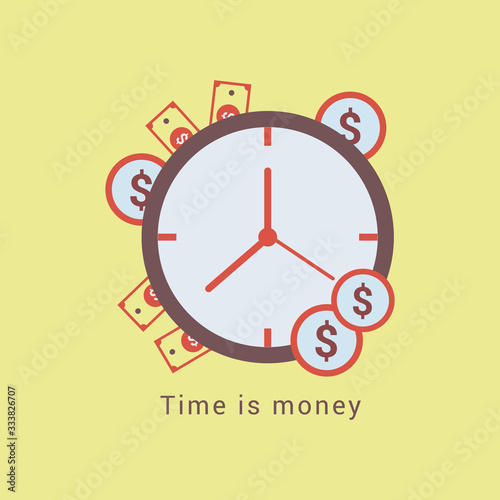Flat design Clock with Dollar and coins Time is Money concept