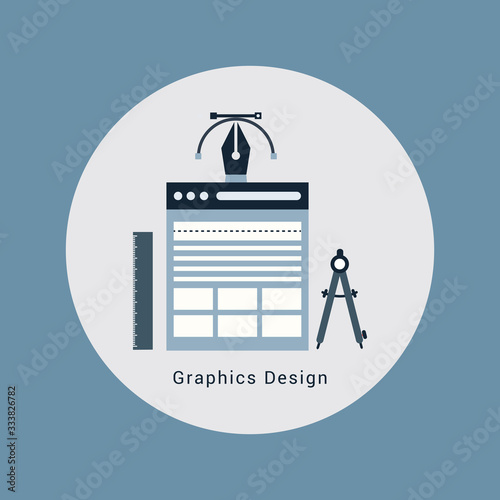 Flat designed graphic designer items and tools, office various objects and equipment