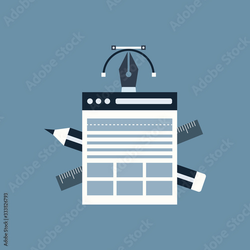 Flat designed graphic designer items and tools, office various objects and equipment