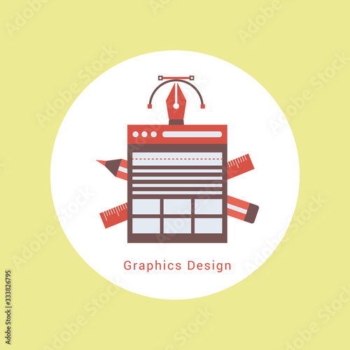 Flat designed graphic designer items and tools, office various objects and equipment